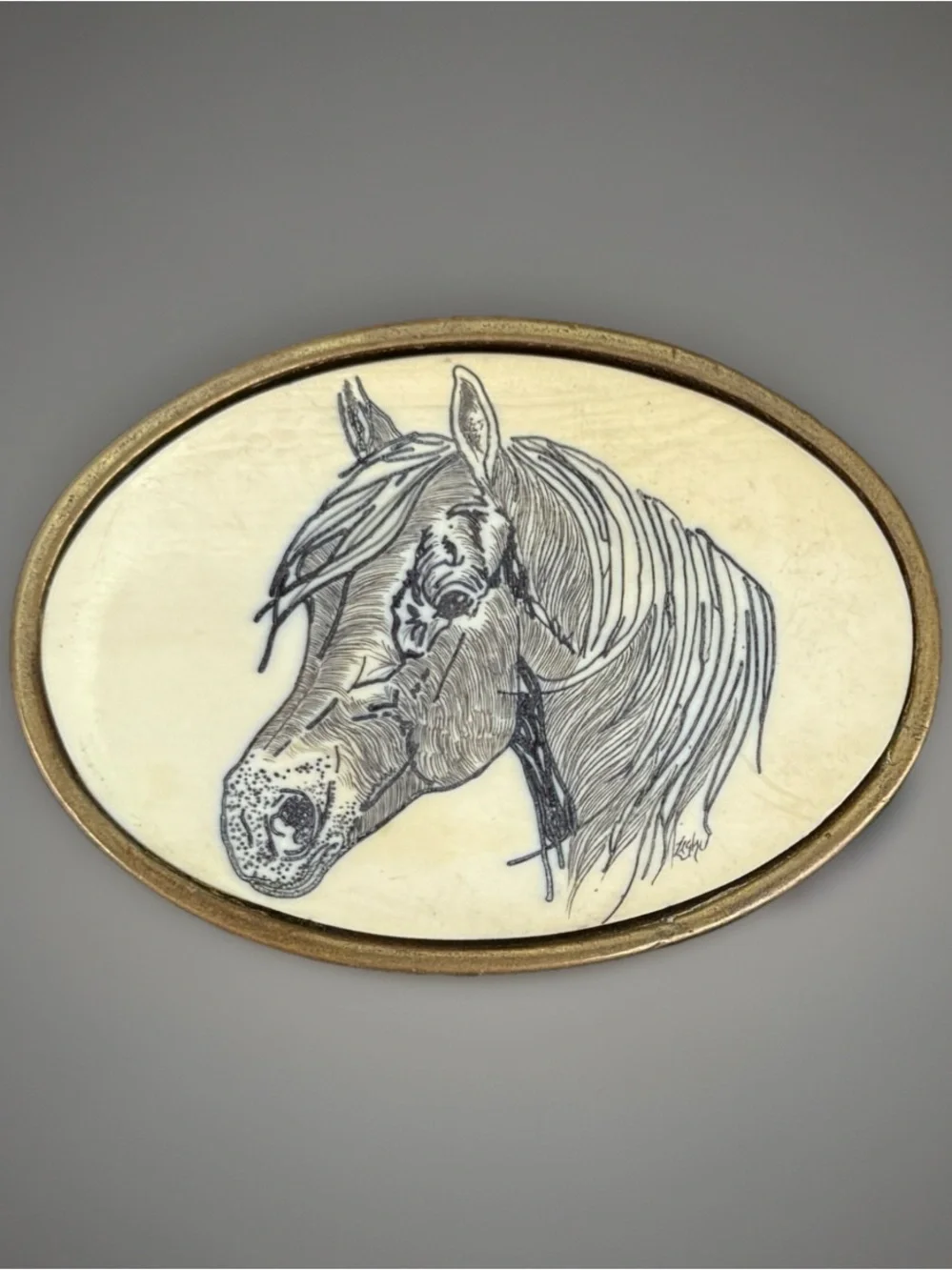 Vintage Solid Brass Western Horse Portrait Plaque in Cream Belt Buckle
